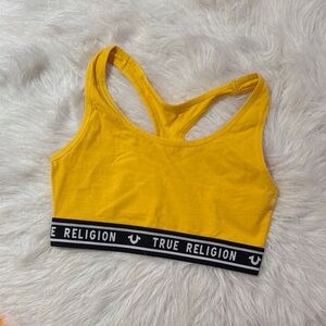 True Religion XS Yellow Racerback Sports Bra with Logo Band NWOT
